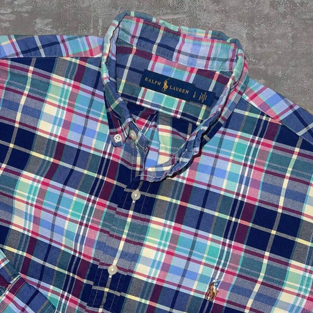 Polo Ralph Lauren Mens L Plaid Long Sleeve Button Up Shirt Blue Green Red Yellow